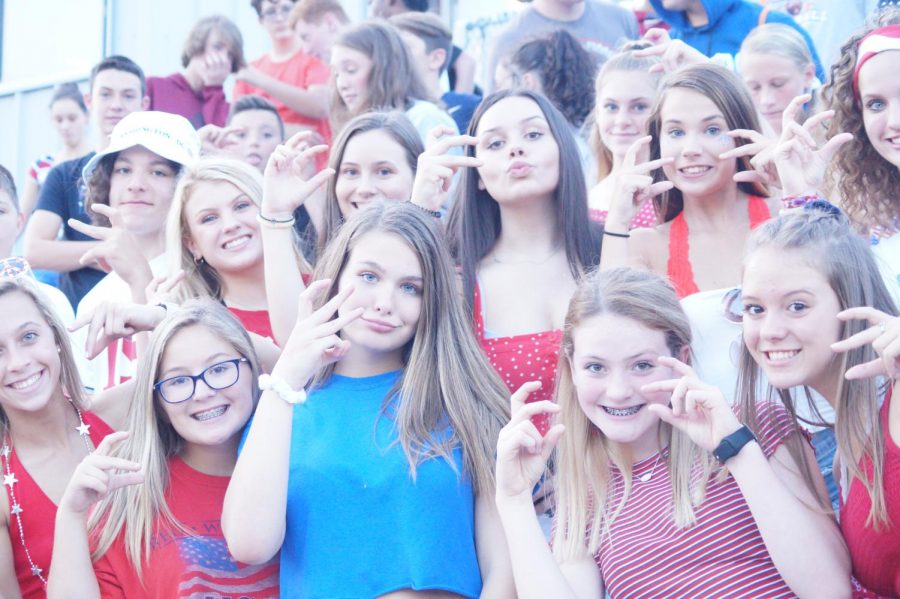 Freshman student sections dressed up for the USA themed football game.