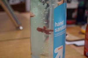 A plastic baby floats in a bottle of hand sanitizer. This is just one of several babies hidden in Lamb's room. 