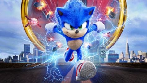 Sonic the hedgehog racing past his enemy, creating a swarm of blue lightning.