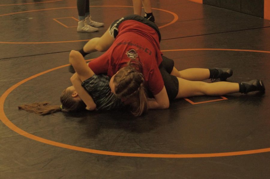 Juniors+Jamie+Hake+and+Maddie+Wells+wrestle+with+each+other+in+practice.