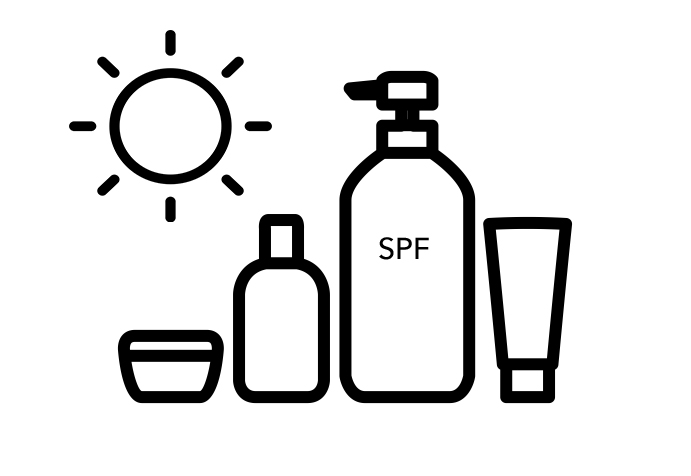 Graphic of skincare bottles and tubes. Icons sources from The Noun Project, by Vectplus (sun) and Adèle Foucart.