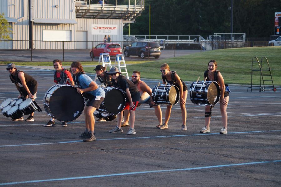 Drumline having fun during their break from playing.