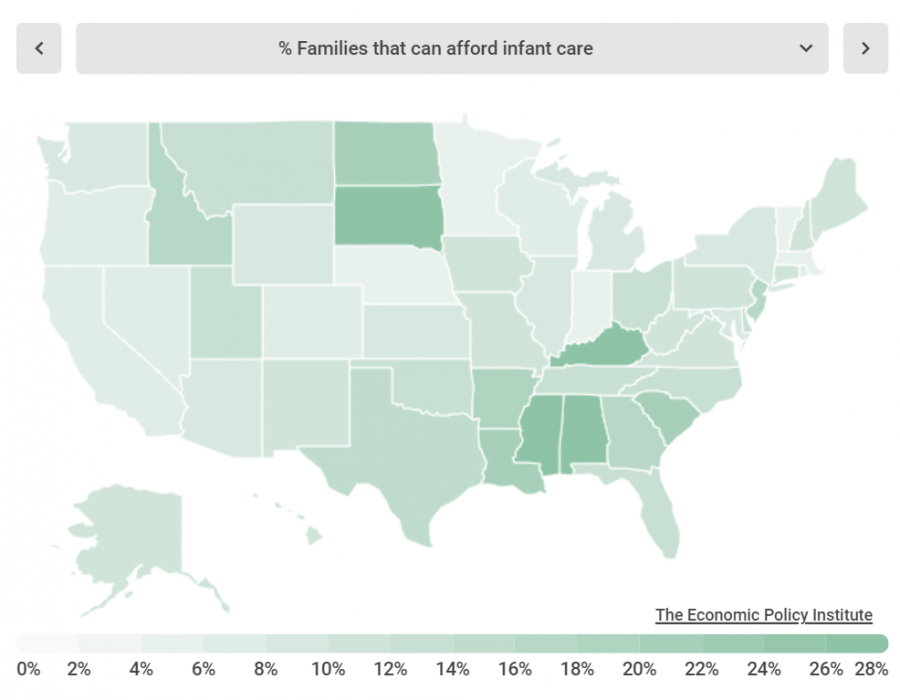 This map shows the percent of families in each state that can afford infant care.  Of Ohio families, approximately 12% can afford infant care. 