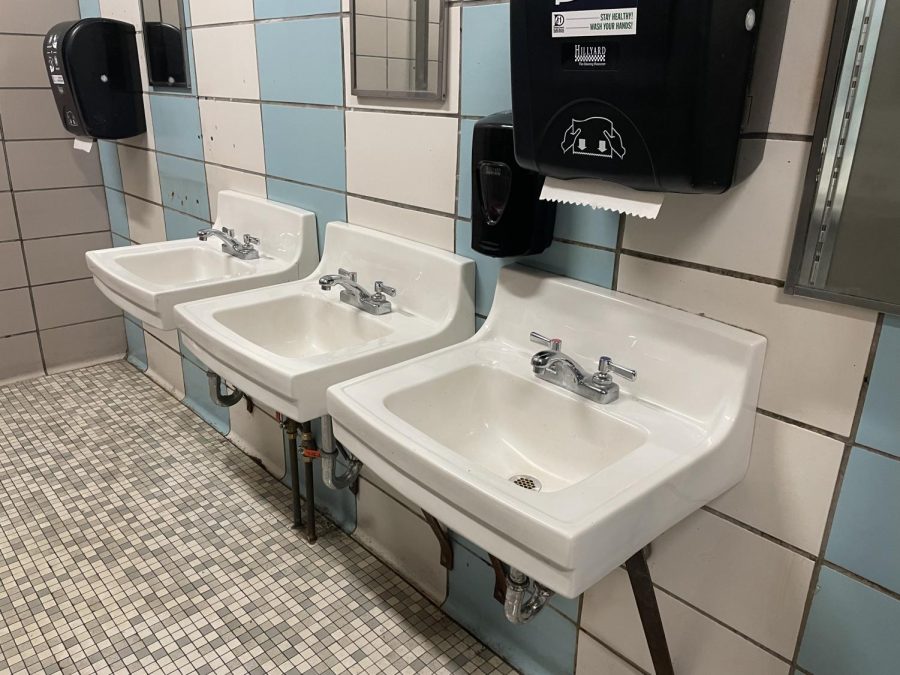 The replaced sink sits in a girls bathroom. The sink was one of the items stolen in September due to the devious lick TikTok trend.