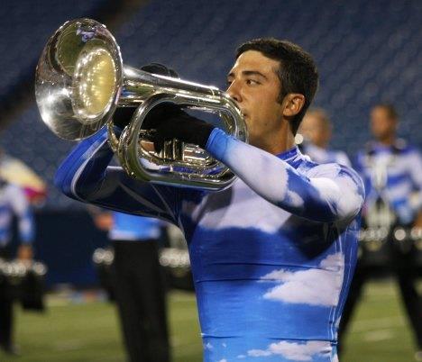 Andy Doherty holds his baritone during a performance with the Bluecoats Drum Corp from Canton, Ohio. Doherty performed with them during the summer of 2009.
