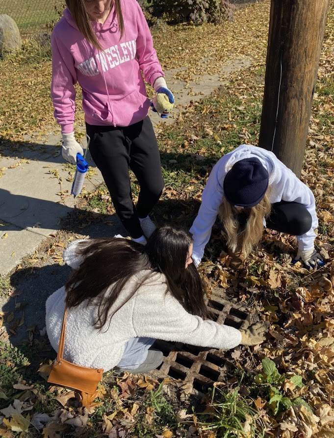 Kayla Coleman (right), Kasey Wells (top left) and Mena Murfield (bottom left) label storm drains for Colemans Global Scholars Project.