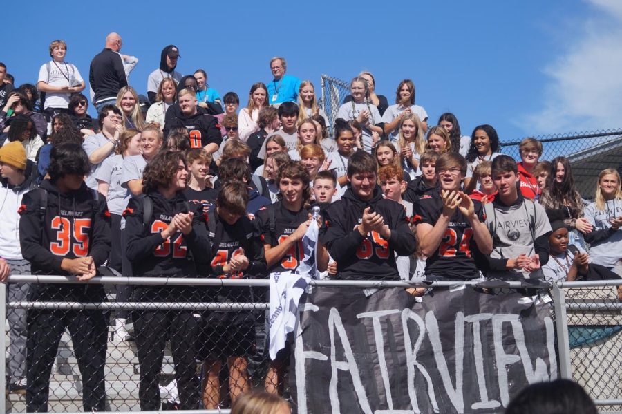 The Fairview House section cheers at the homecoming pep rally.