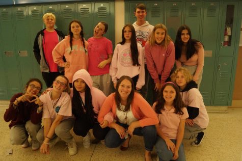 A class of students wear different pieces of pink clothes for pink out.