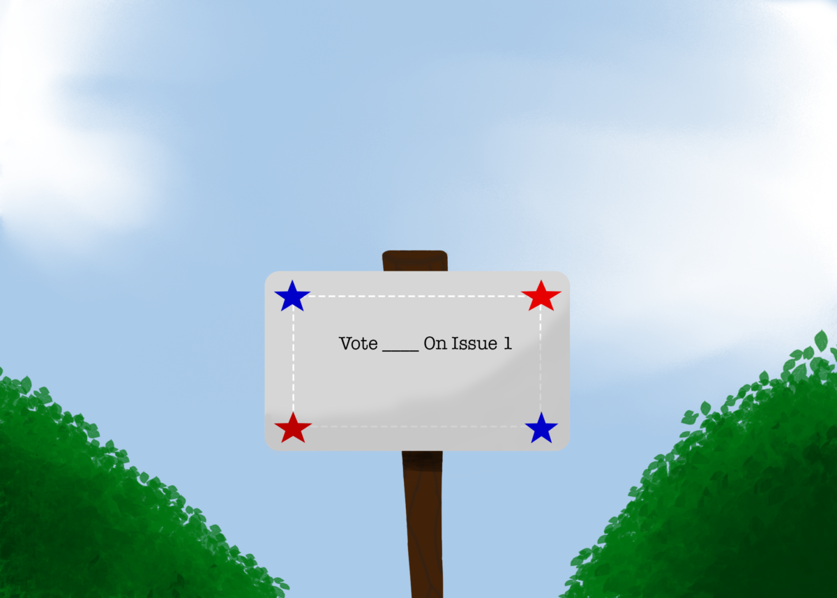 An issue one yard sign sits in a yard. The vote on issue one caused a range of reactions among different parties and political affiliations.
