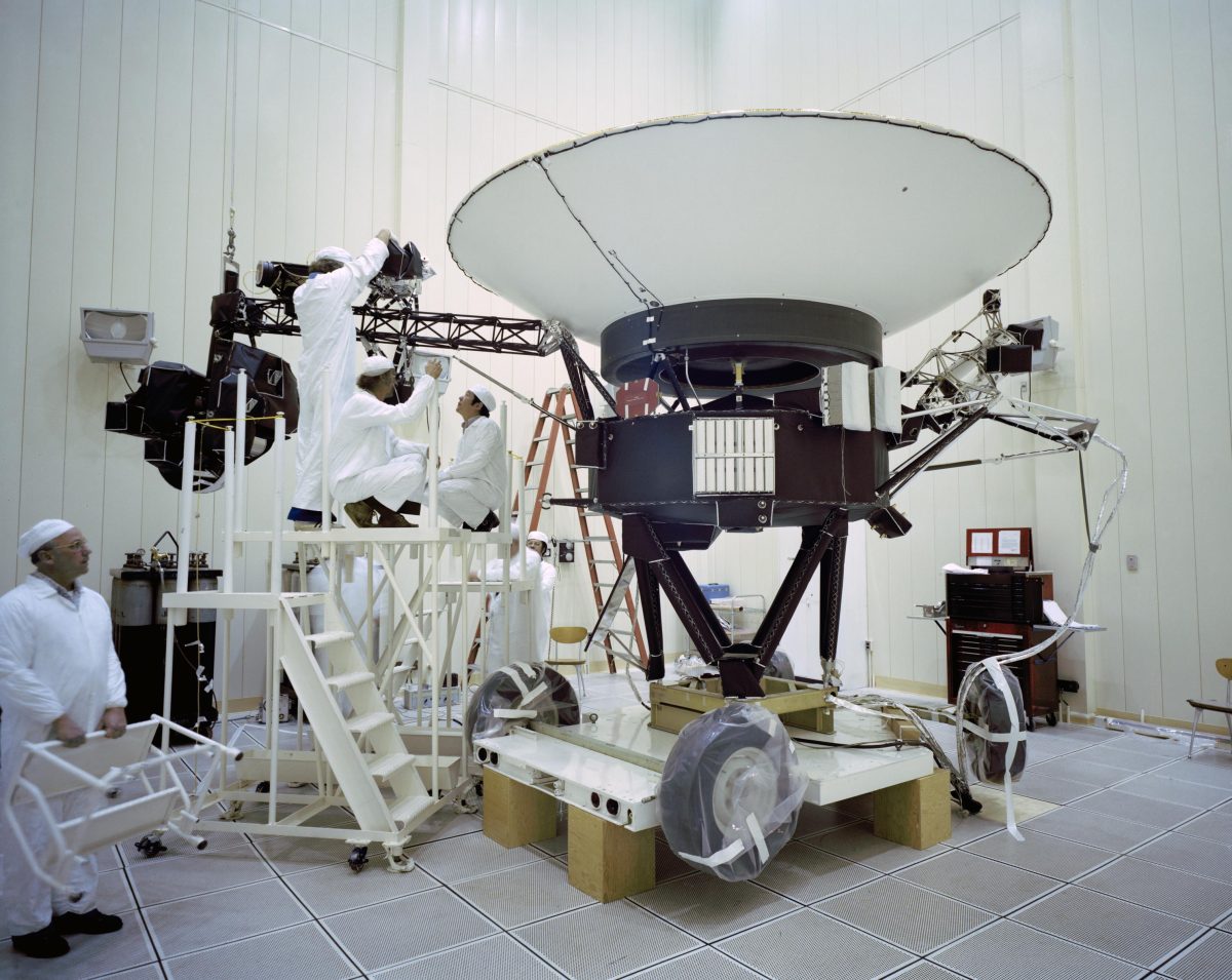Engineers work on the Voyager 2 probe. The Voyager probes have now been in space for nearly 50 years.