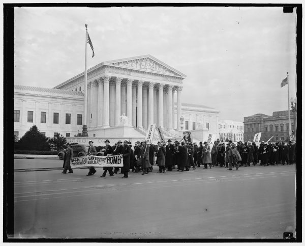 WPA Workers march outside of the Supreme Court. From 1935-1942, the WPA employed 8.5 million people, providing a look into the massive potential of government work programs.