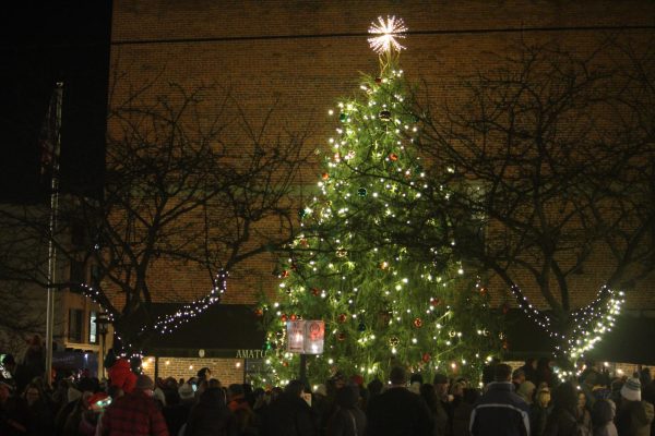 The tree in front of Amatos' Woodfired Pizza is lit as part of an annual tradition in downtown Delaware. 