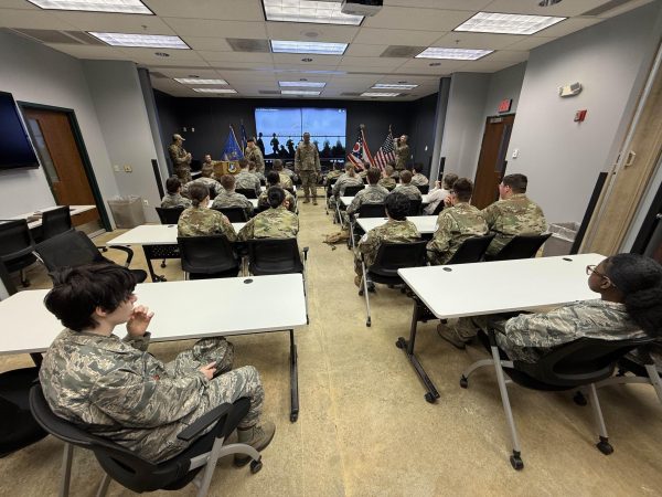Cadets from Delaware Hayes AFJROTC detachment OH-012 receive a briefing during a curriculum in action trip to Mansfield, Ohio. During the trip, cadets visited the 179th Air National Guard cyberspace wing, alongside the Ohio State Reformatory.